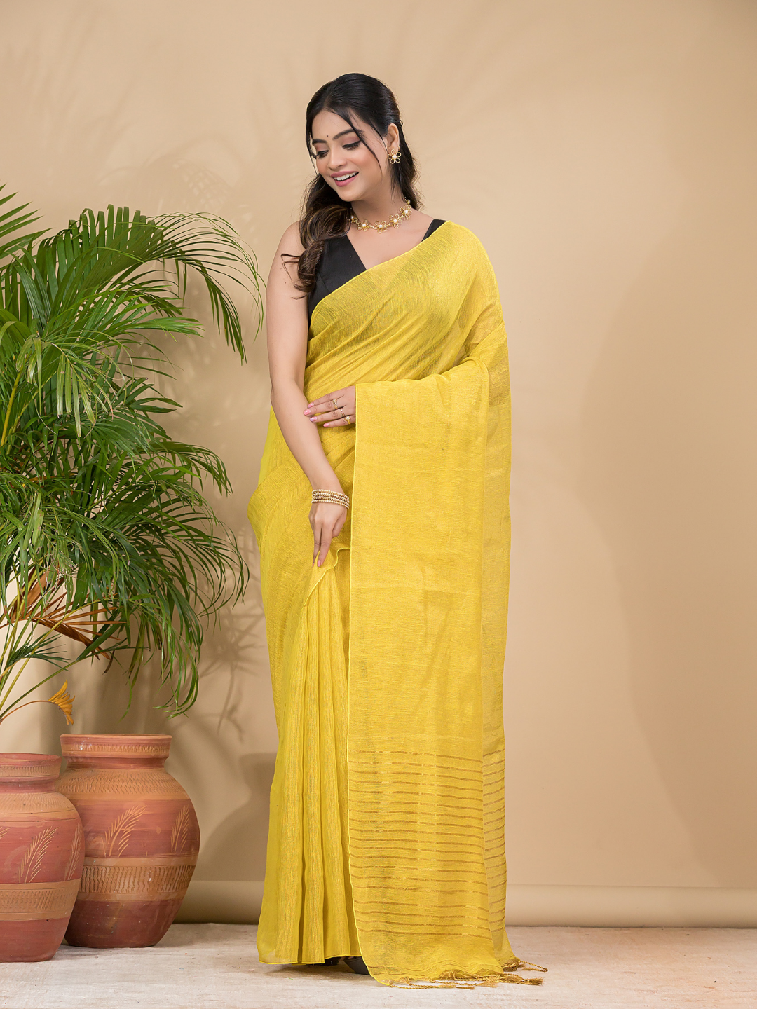 Tissue Linen Handloom Saree With Corn Yellow - 021