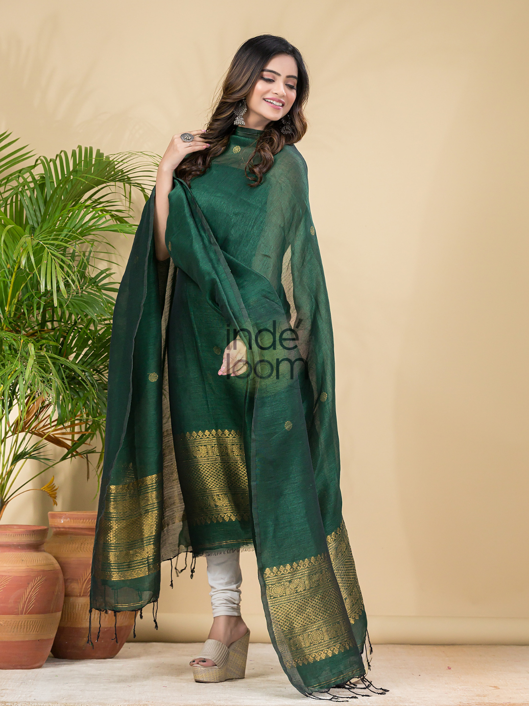 Dark Green Muslin Linen 2-Piece Set Kurti & Dupatta (UNSTITCHED) - 864