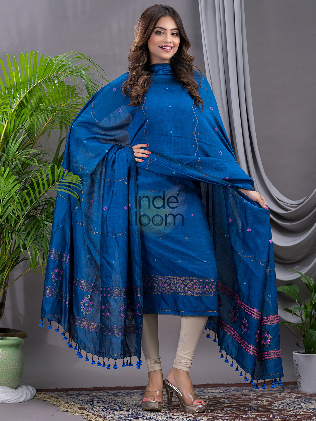 Navy Blue 120 Count Cotton Jamdani 2-Piece Set Kurti & Dupatta (UNSTITCHED) - 143