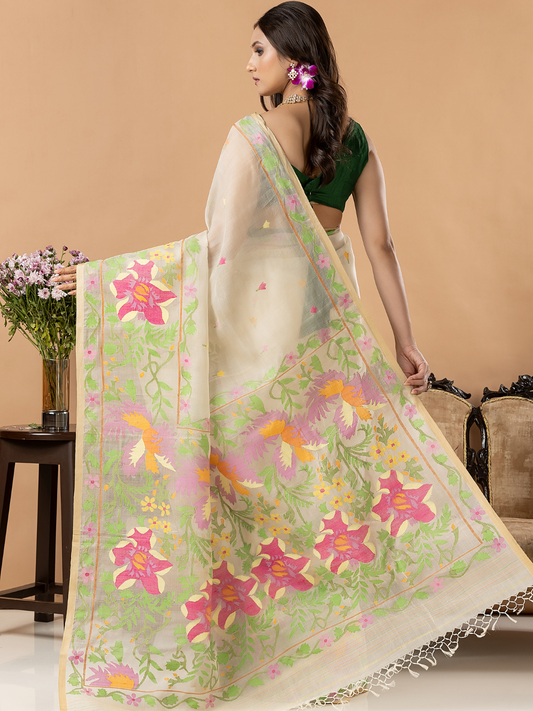 Handwoven Jamdani Muslin Silk Saree | Ivory Cream