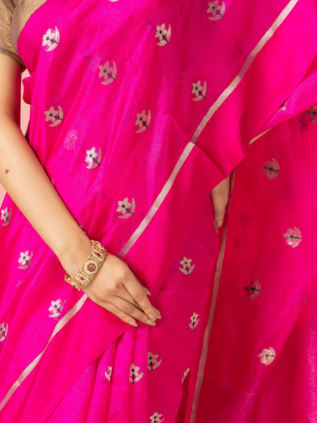 Handwoven Chanderi Silk Saree | Fuchsia Pink