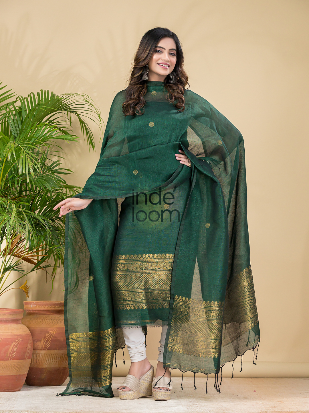 Dark Green Muslin Linen 2-Piece Set Kurti & Dupatta (UNSTITCHED) - 864