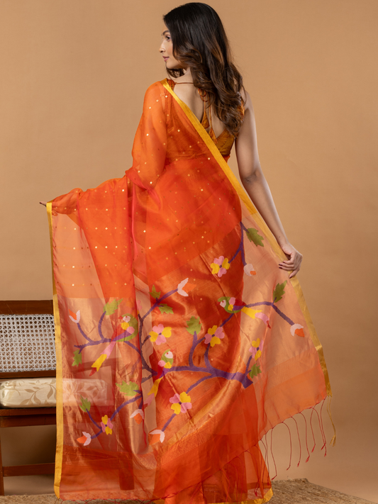 Handwoven Jamdani Muslin Saree | Bright Orange