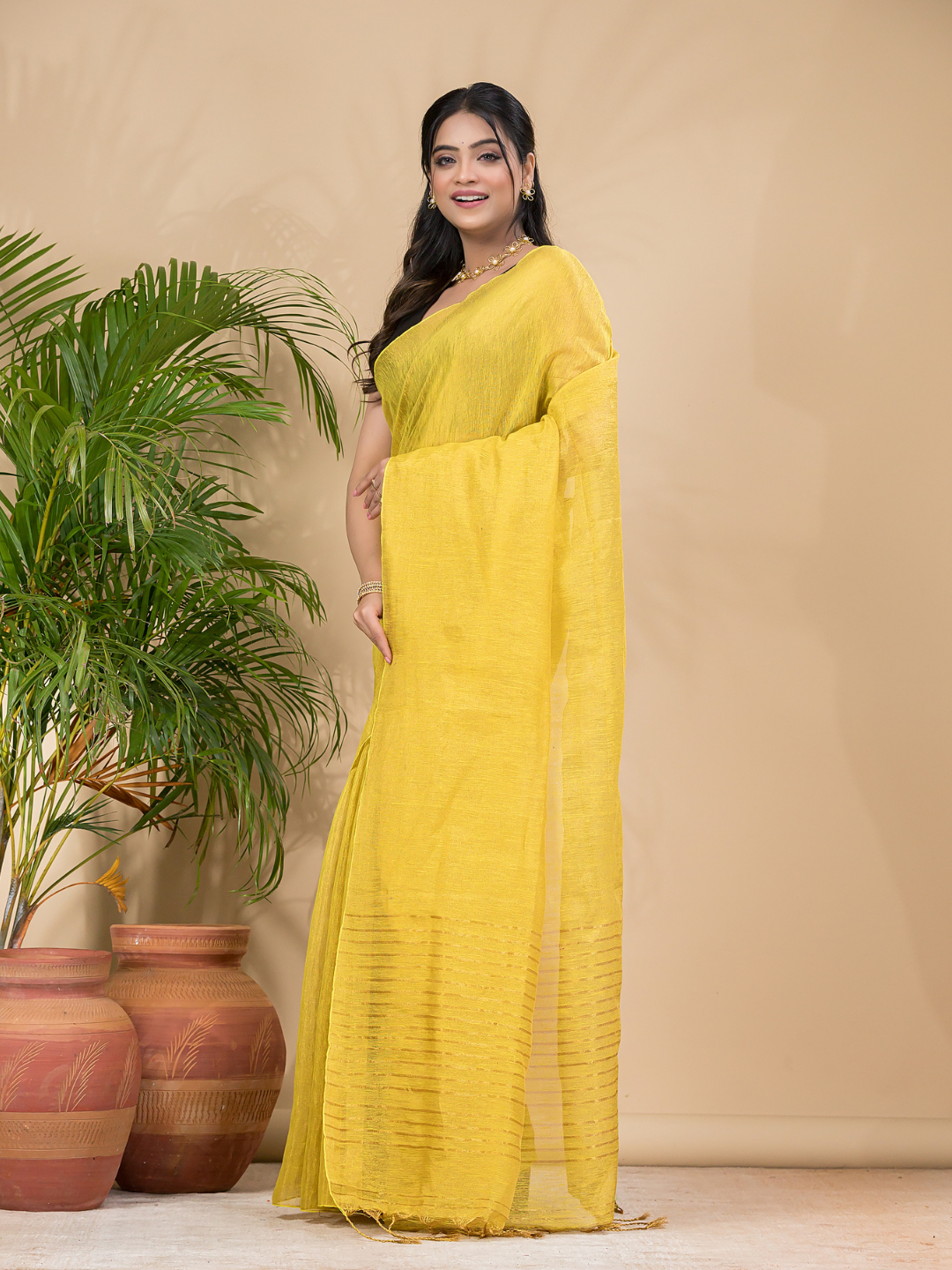 Tissue Linen Handloom Saree With Corn Yellow - 021