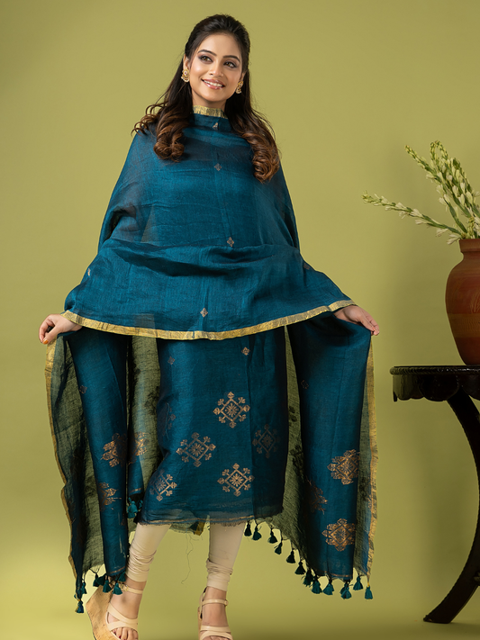 Handwoven Jamdani Linen Unstitched 2-piece Kurti | Peacock Blue