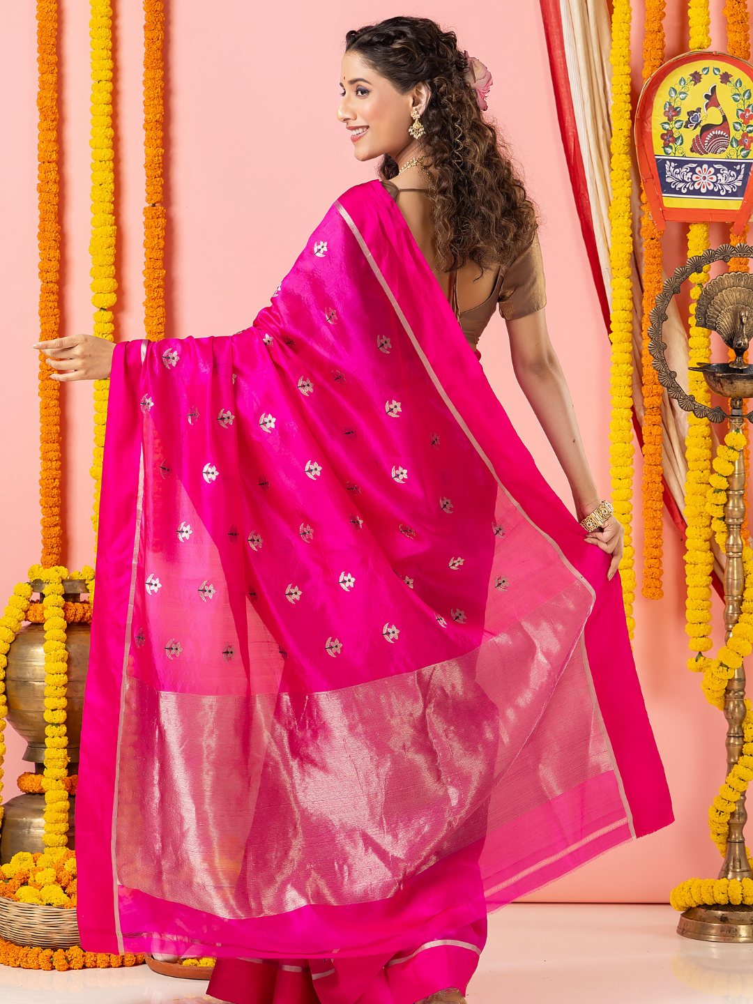 Handwoven Chanderi Silk Saree | Fuchsia Pink