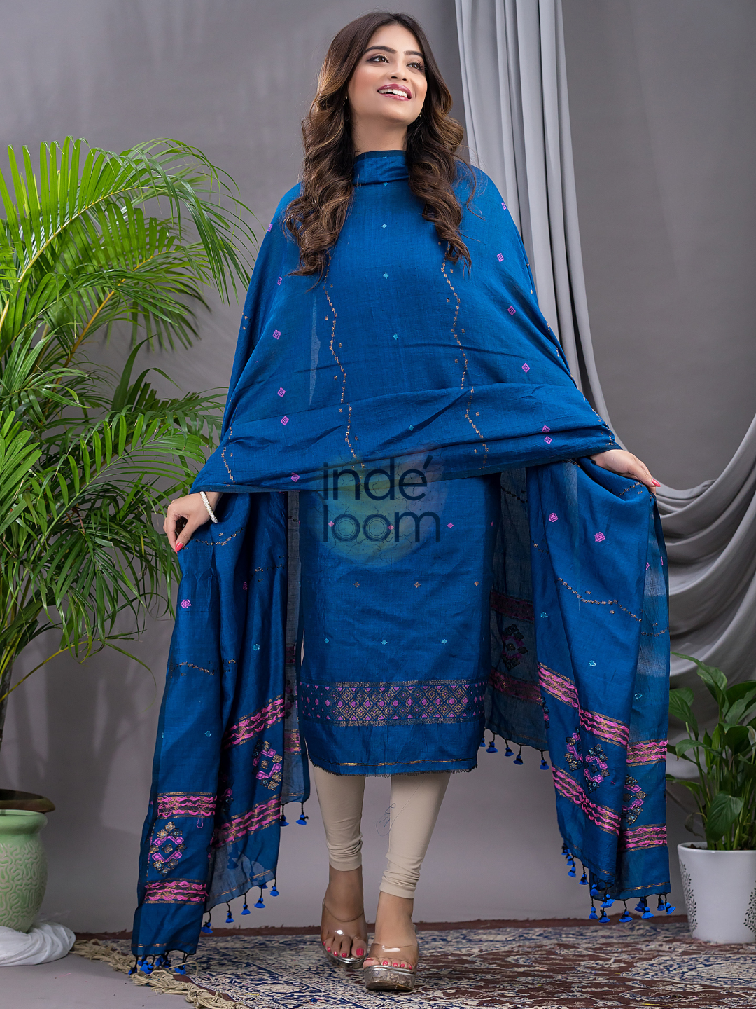 Navy Blue 120 Count Cotton Jamdani 2-Piece Set Kurti & Dupatta (UNSTITCHED) - 143