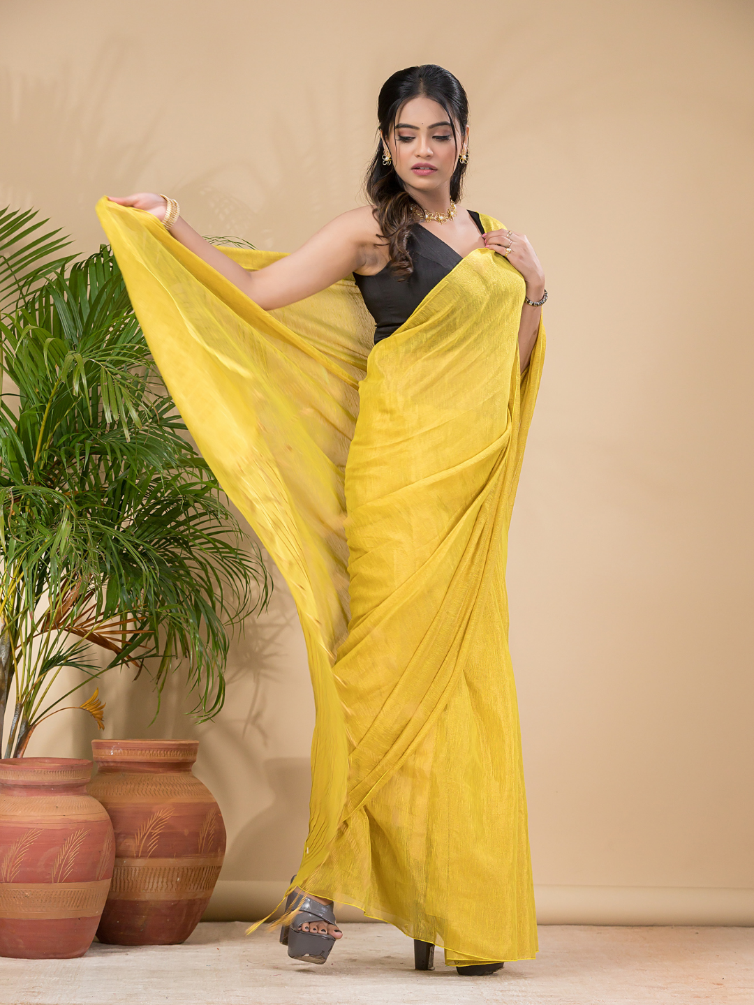 Tissue Linen Handloom Saree With Corn Yellow - 021