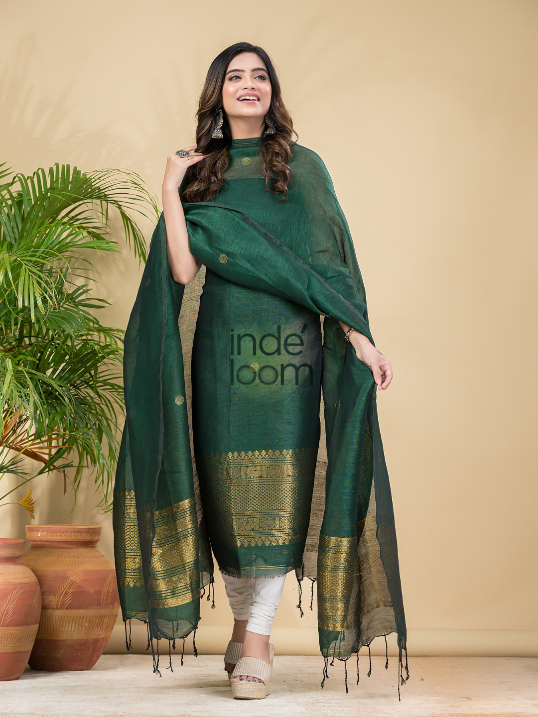 Dark Green Muslin Linen 2-Piece Set Kurti & Dupatta (UNSTITCHED) - 864