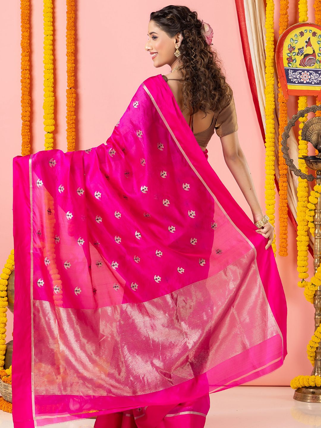 Handwoven Chanderi Silk Saree | Fuchsia Pink