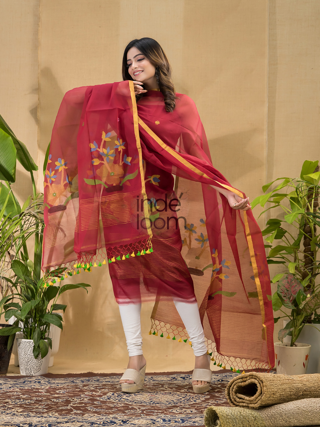 Blood Red Jamdani 2-Piece Set Kurti & Dupatta (UNSTITCHED) -798