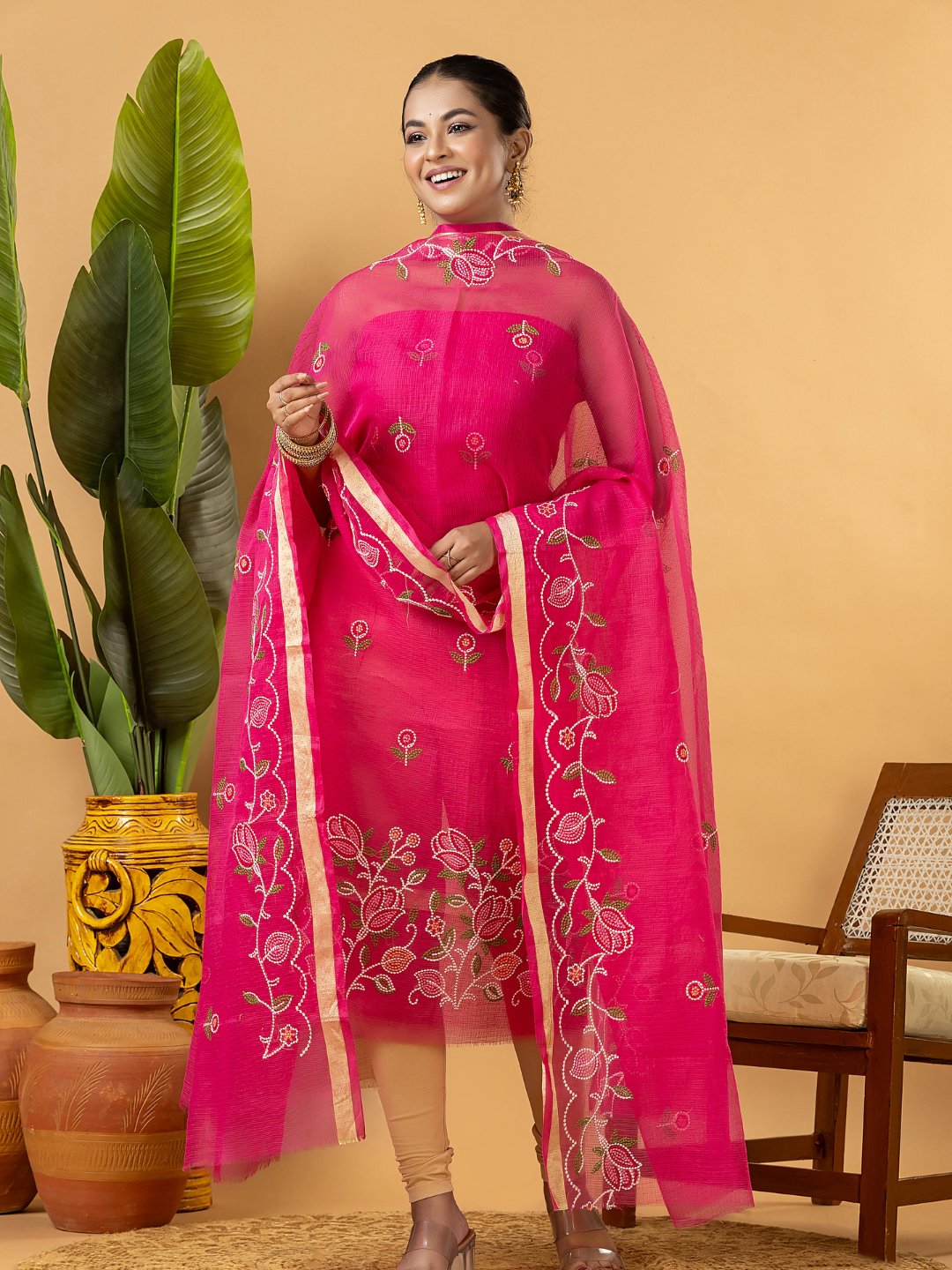 Classic Kota Doria Cotton Unstitched 2-Piece Kurti | Fuchsia