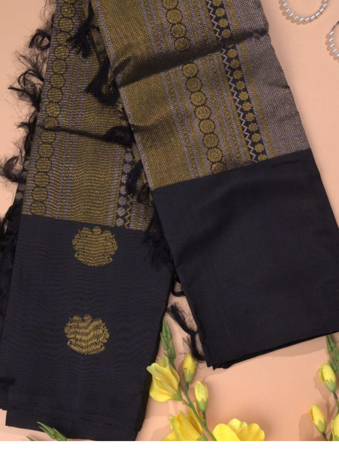 Megh Vaarna - Coal Black silk with gaja and floral border