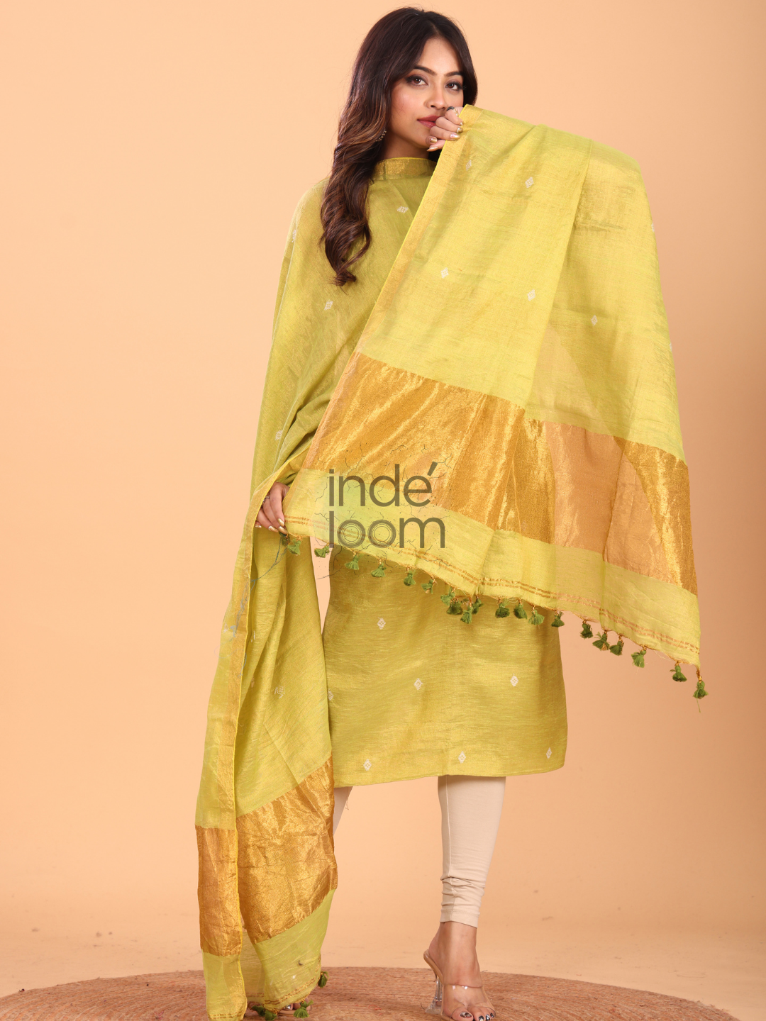 Neon Yellow Tissue Linen Jamdani 2-Piece Set Kurti & Dupatta (UNSTITCHED) - 055