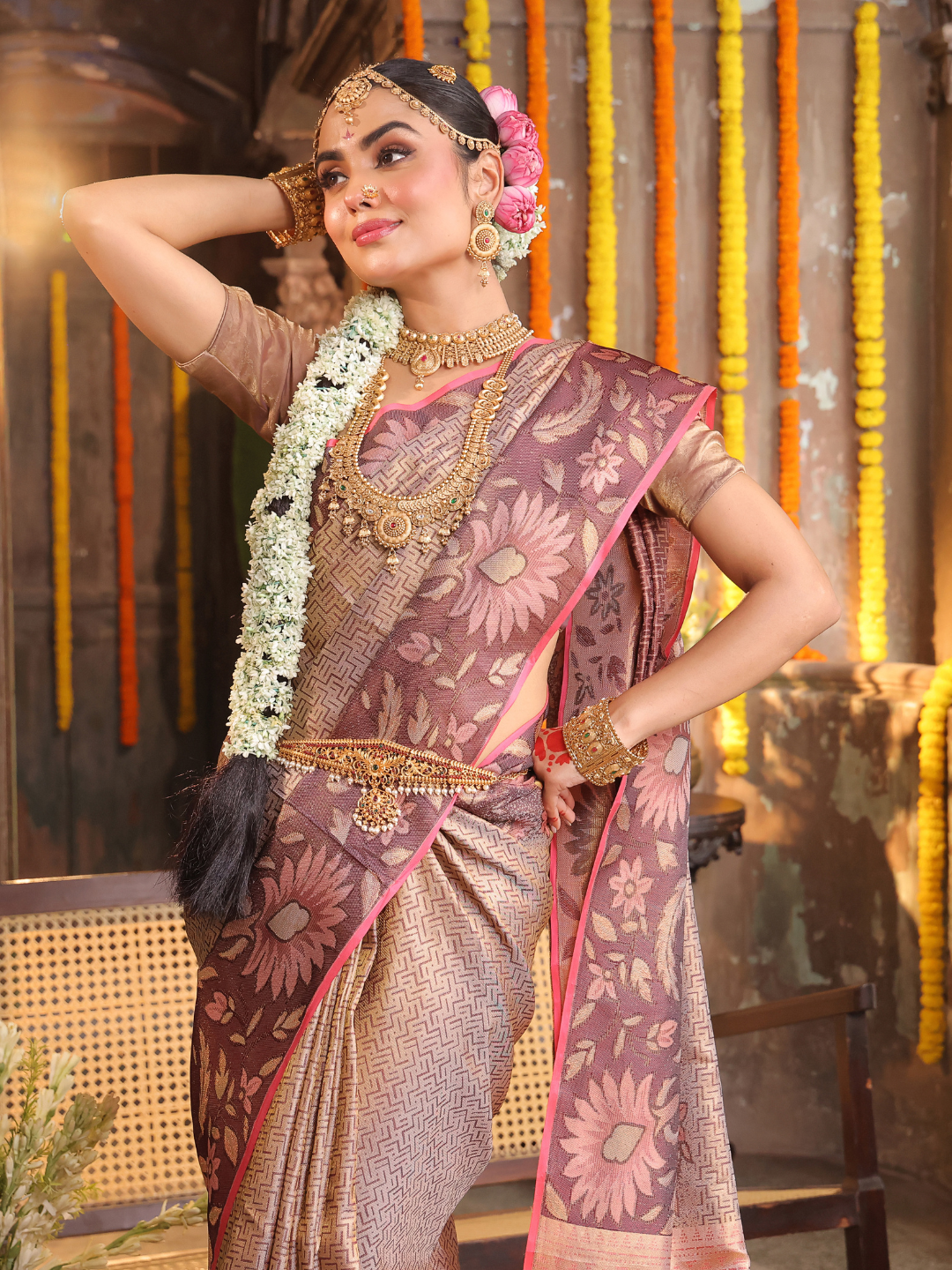 Amraghata  -  Soft mango-green silk with floral zari buttas