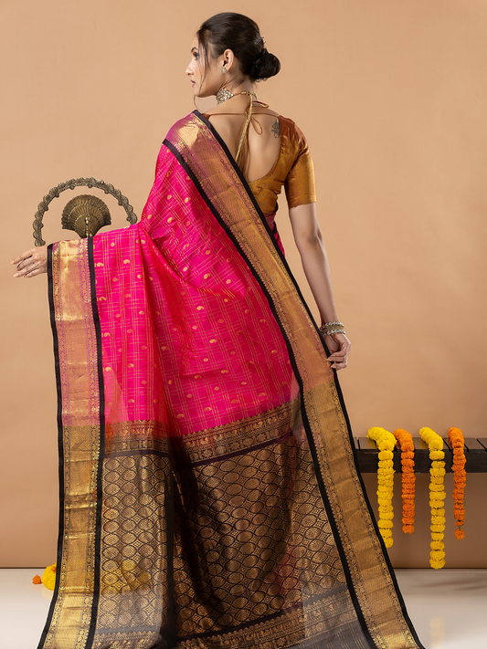 Handloom Korvai Silk Cotton Saree | Fuchsia Pink