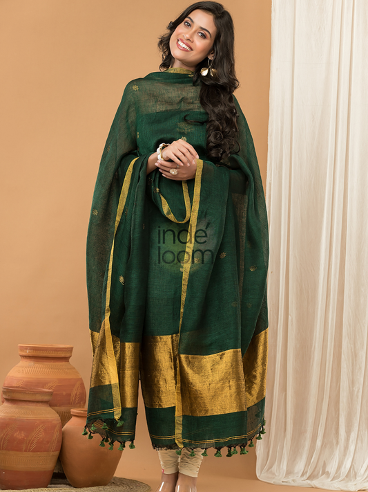Handwoven Jamdani Linen Unstitched 2-piece Kurti  |  Bottle Green