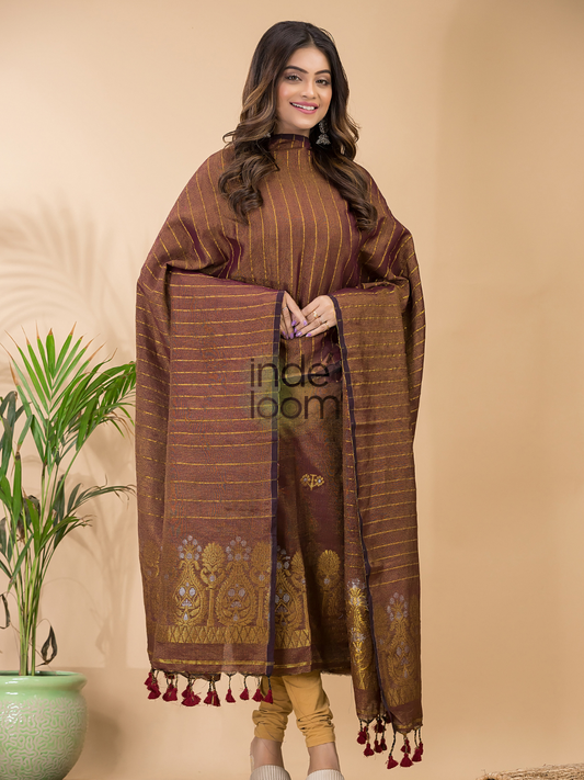 Chocolate Brown Organic Linen 2-Piece Set Kurti & Dupatta (UNSTITCHED) - 076