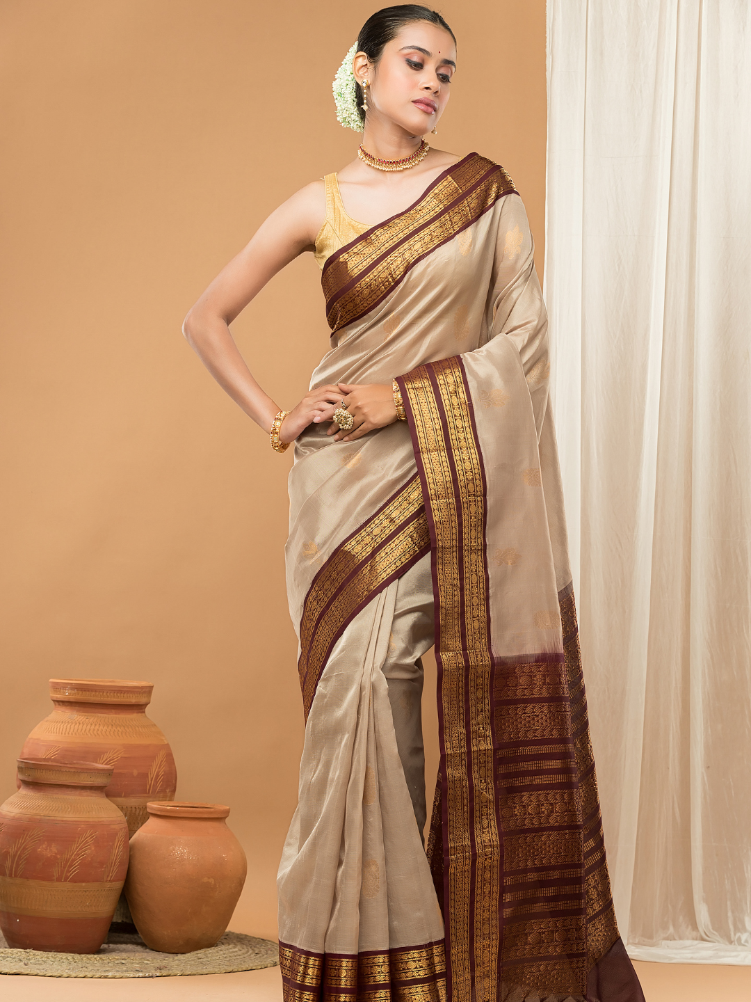 Pure Handloom Korvai Saree | Light Gold and Golden Dark Brown