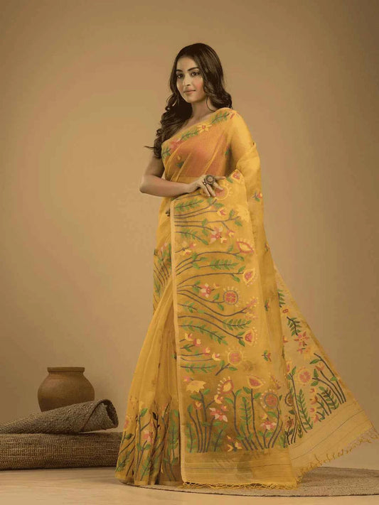Handwoven Pure Jamdani Muslin Saree  |  Copper Orange