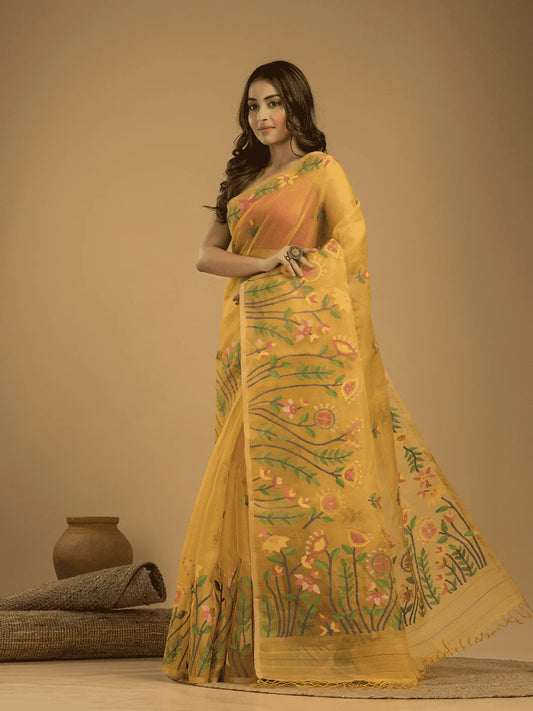 Hand Made Jamdani Saree With Mustard Yellow - 04