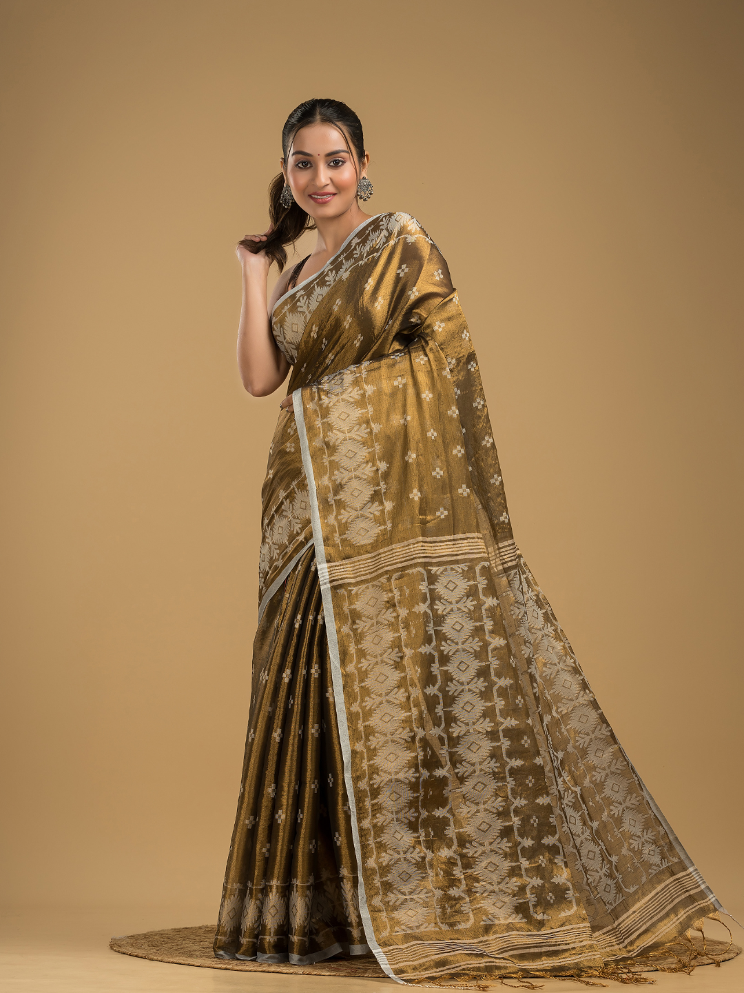 Tissue Silk Jamdani Saree Dark Green -045