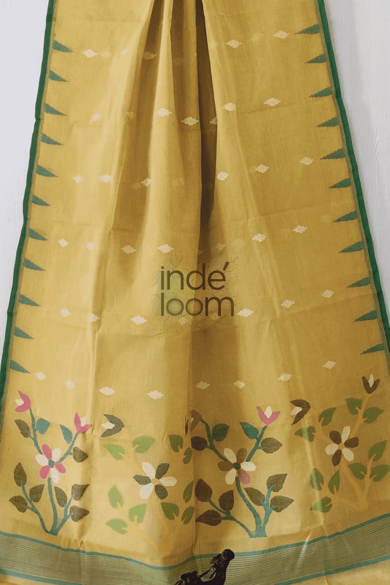 Floral Atomic Yellow Bengal Pure Cotton Jamdani Saree-007 - indeloom