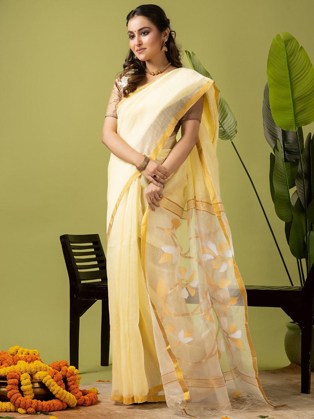 Pure Jamdani Linen Saree | Light Yellow  and Yelllow  | Half and Half style with Contrast Border