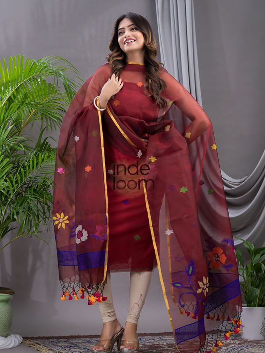 Cherry Red Cotton Silk Jamdani 2-Piece Set Kurti & Dupatta (UNSTITCHED) - 105