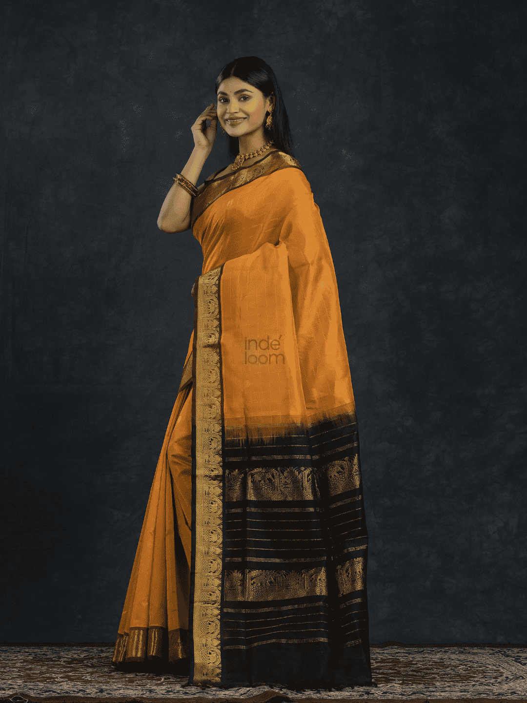Pure Handloom Korvai Saree in Golden Yellow & Black Border In Zari Checks- 139