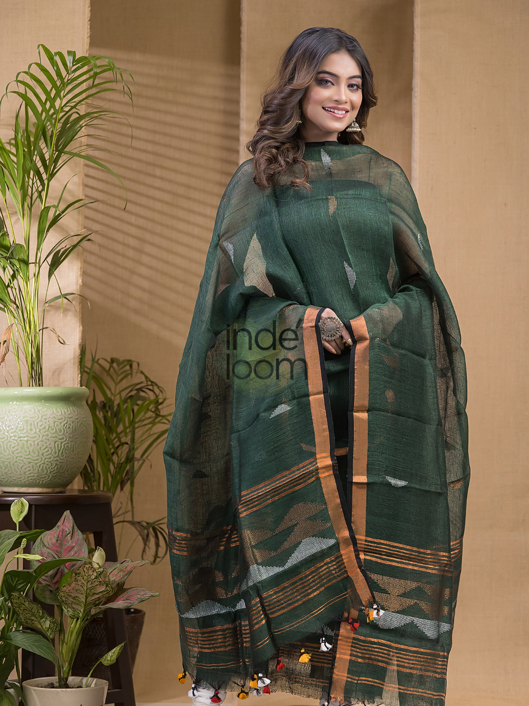 Olive Green Pure Linen suit 2-Piece Set Kurti & Dupatta (UNSTITCHED) -639