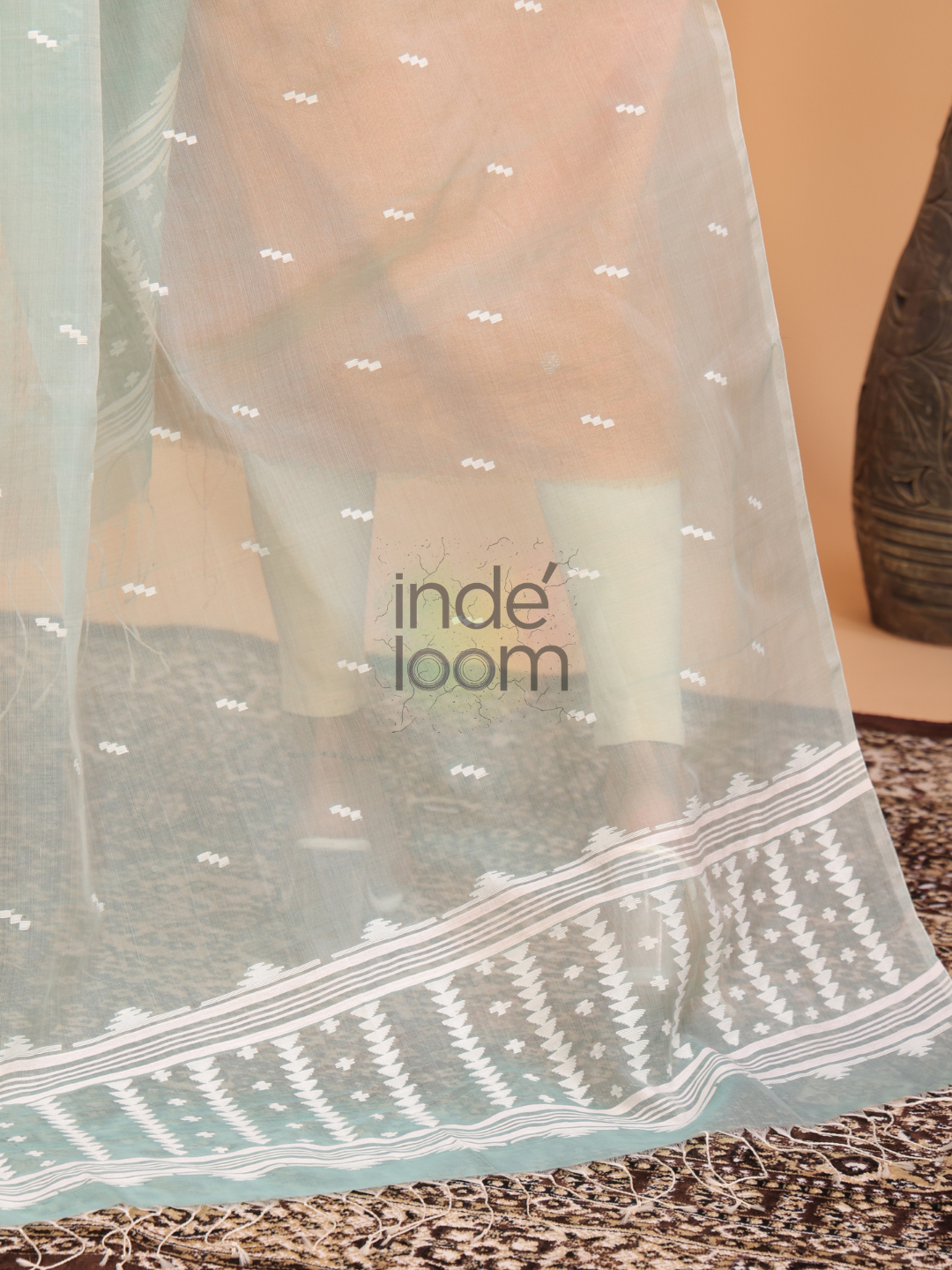 Pure Handloom Muslin Jamdani Dupatta With Baby Blue  - 008