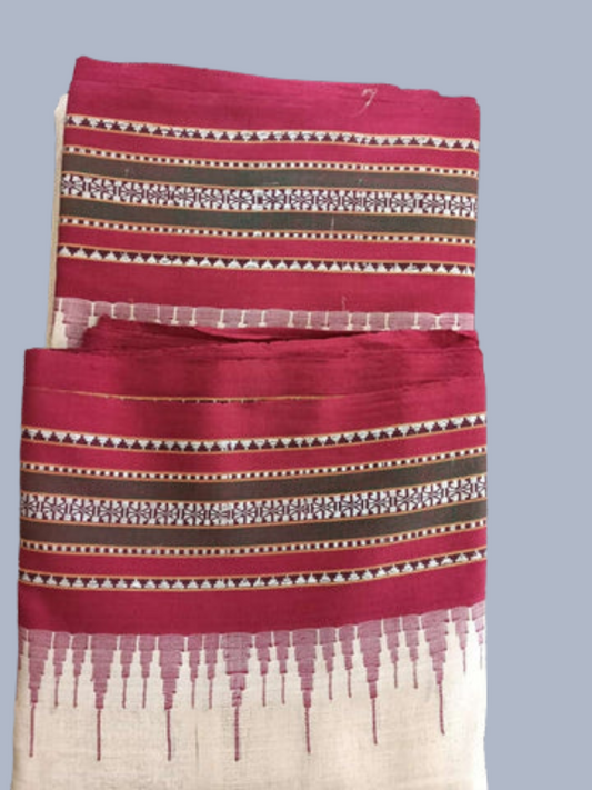 Classic Red Handloom Vidarbha Tussar Silk Saree with Multicolor Contrast Border -093
