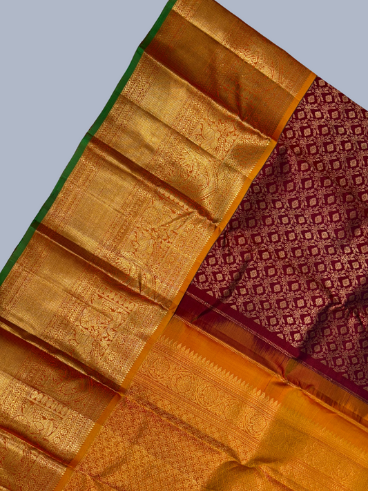Wine Red and Golden Red Border Kanjeevaram Saree - 036
