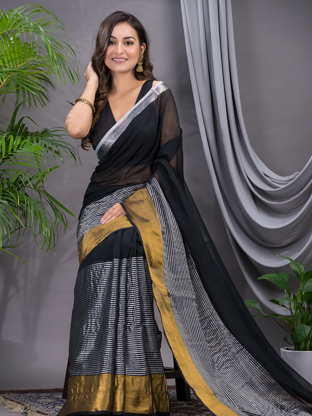 Tissue Silk Saree With Super Black - 011
