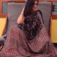 Ajrakh Exclusive Designer Modal Silk in Black, Red and Deep Plum with Floral and Geometric Patterns - 036 - indeloom