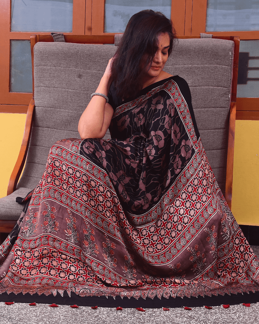Ajrakh Exclusive Designer Modal Silk in Black, Red and Deep Plum with Floral and Geometric Patterns - 036 - indeloom