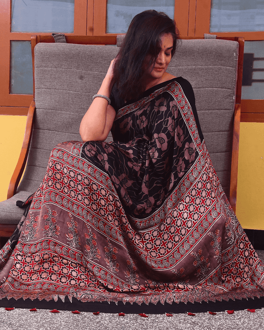 Ajrakh Exclusive Designer Modal Silk in Black, Red and Deep Plum with Floral and Geometric Patterns - 036 - indeloom