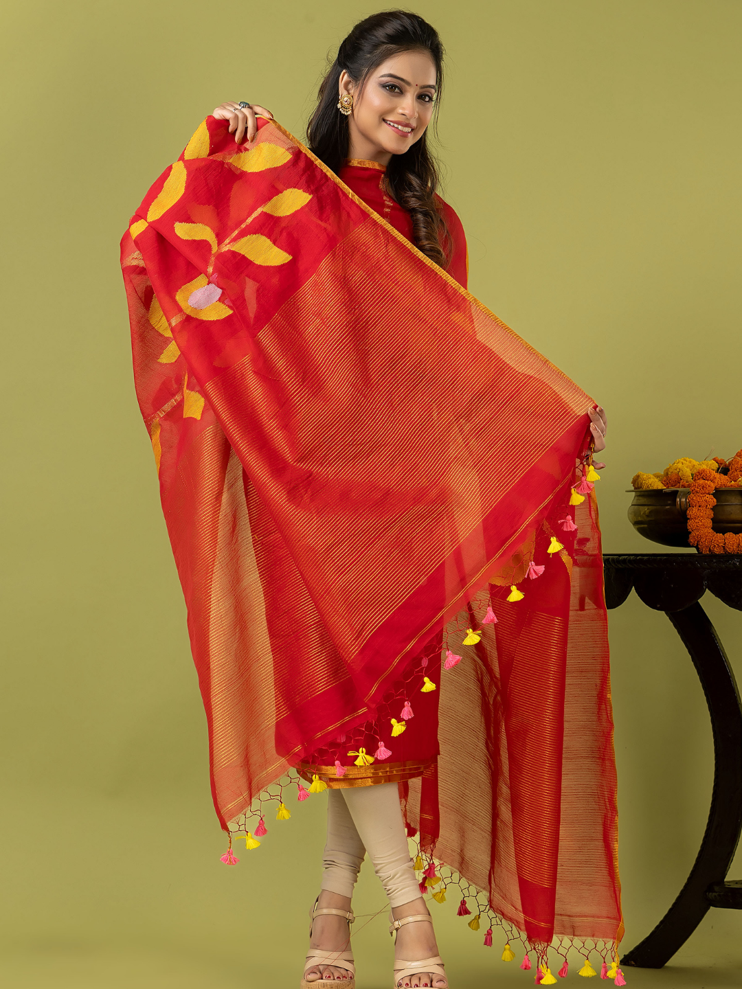 Handwoven Jamdani Silk Cotton Unstitched 2-piece Kurti | Vermilion Red