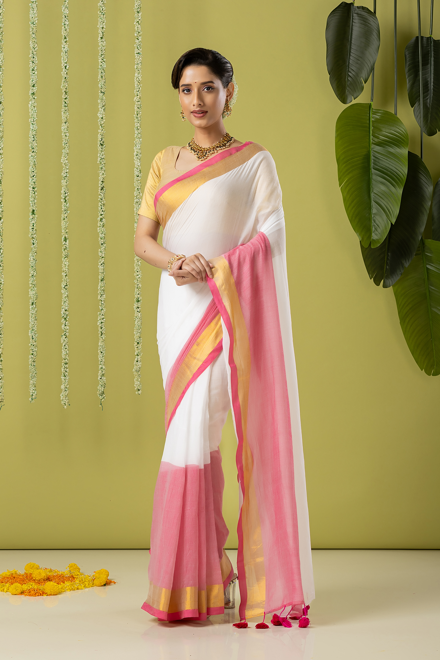 Pure Handloom Cotton Saree | White and Pink | Plain Body with Ribbon border