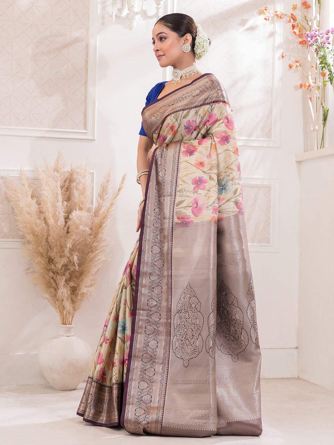 Vanalata - Earth-toned brown drape with blooming florals in digital prints