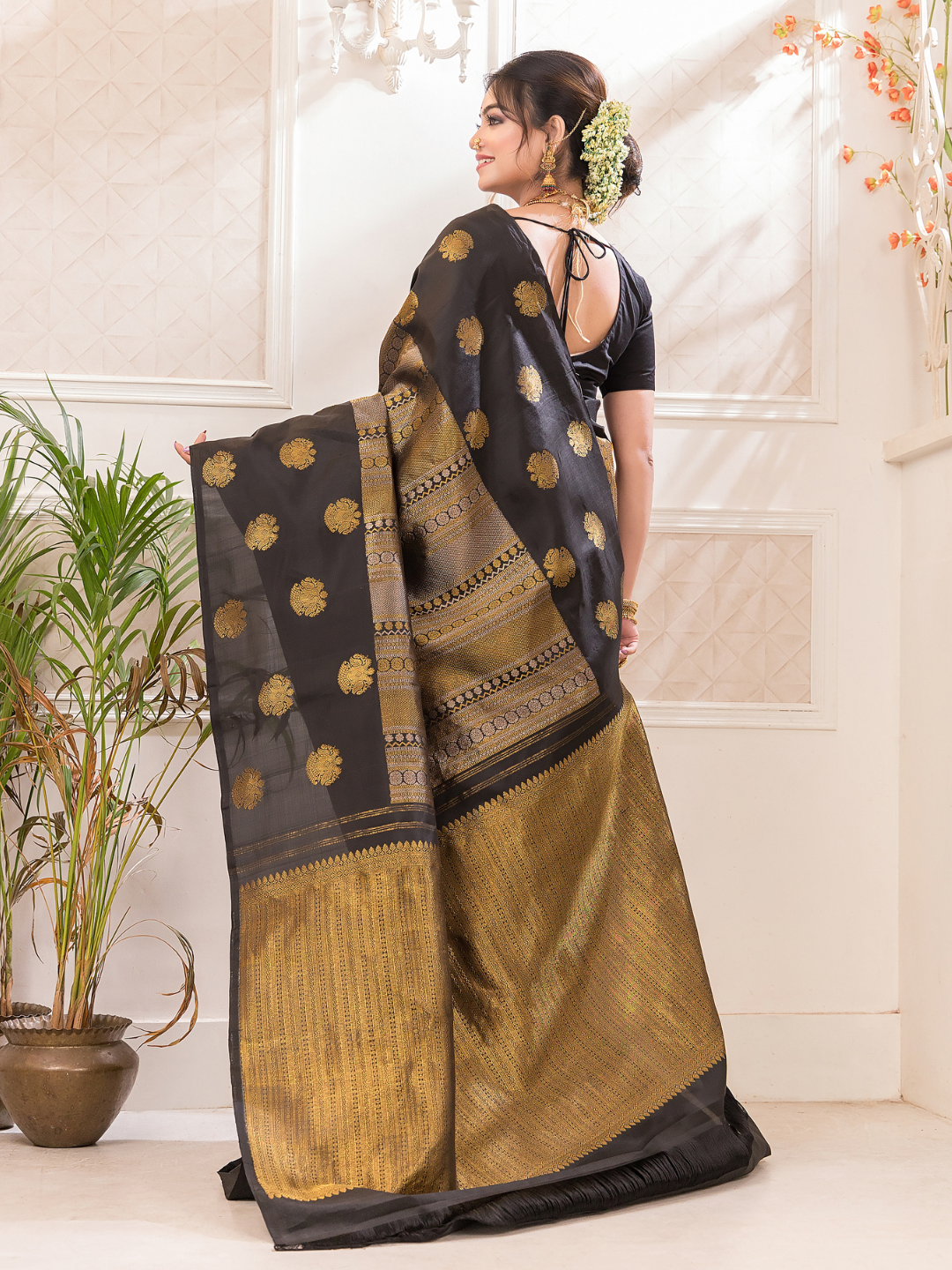 Megh Vaarna - Coal Black silk with gaja and floral border