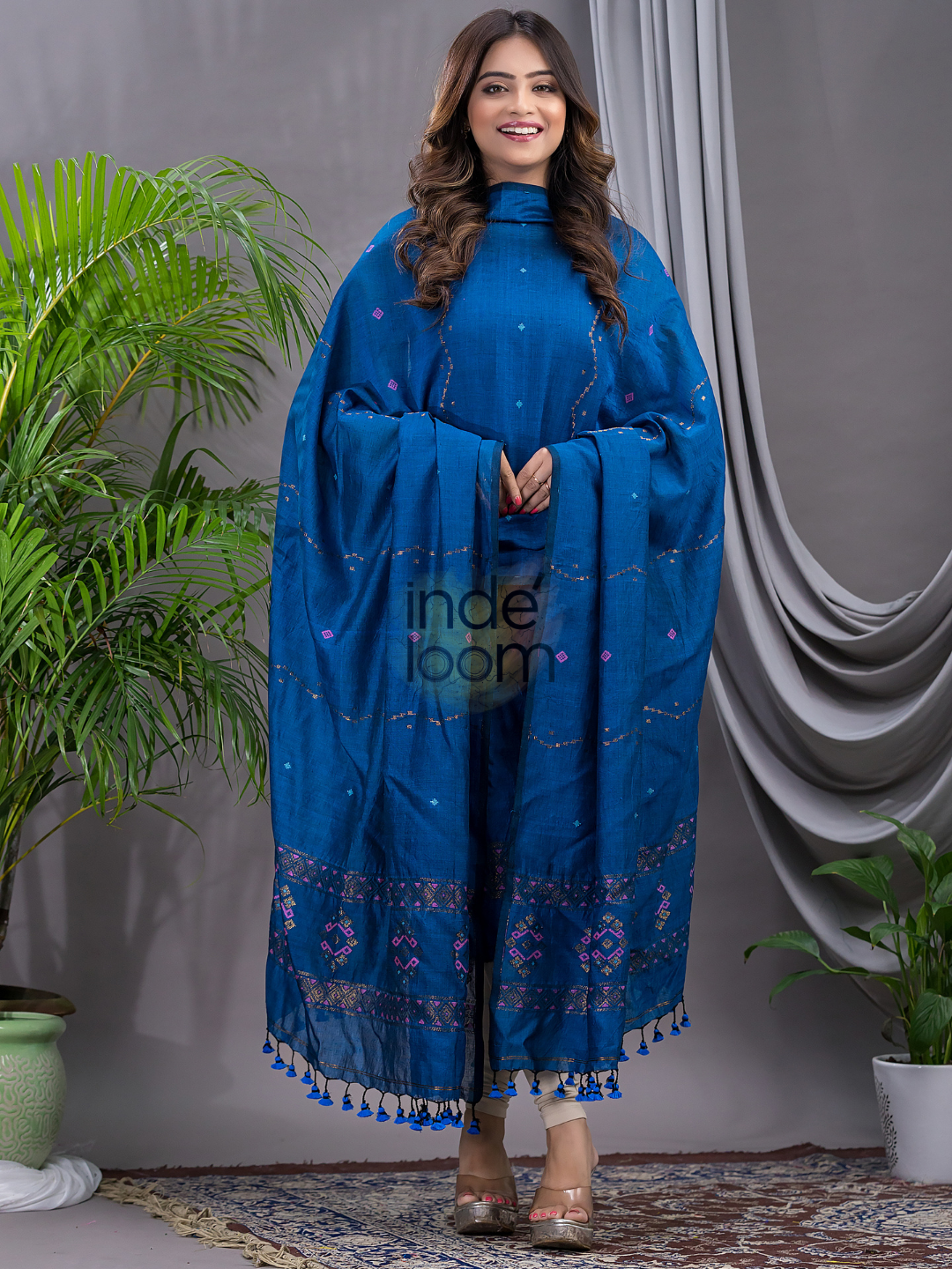 Navy Blue 120 Count Cotton Jamdani 2-Piece Set Kurti & Dupatta (UNSTITCHED) - 143