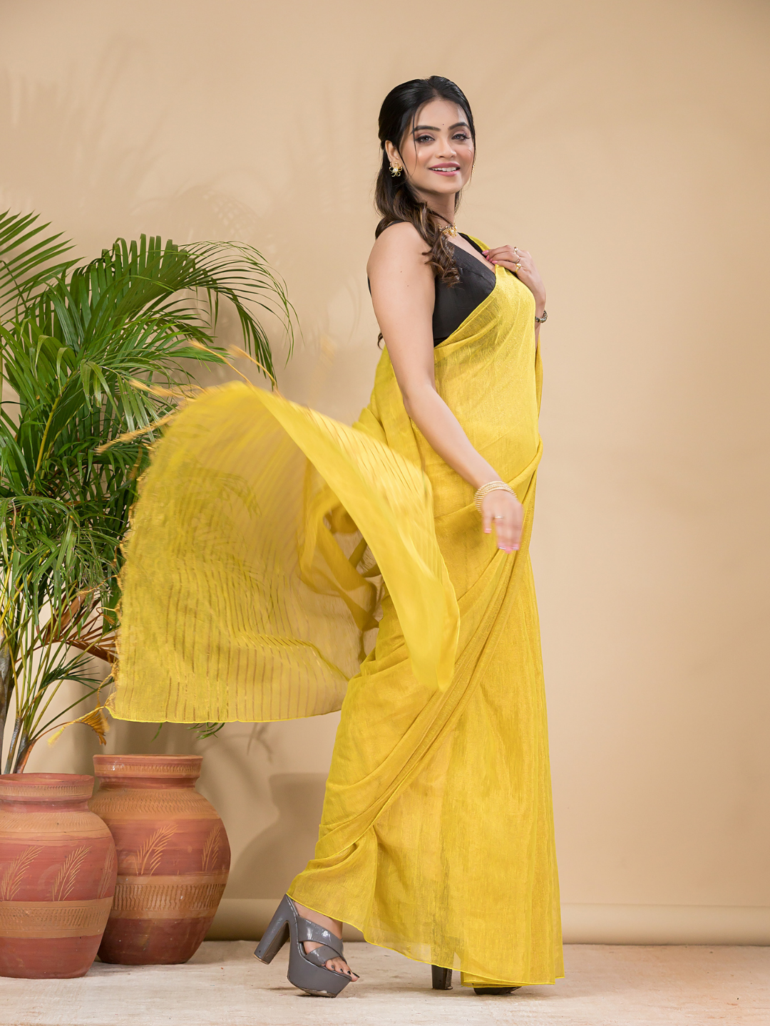 Tissue Linen Handloom Saree With Corn Yellow - 021