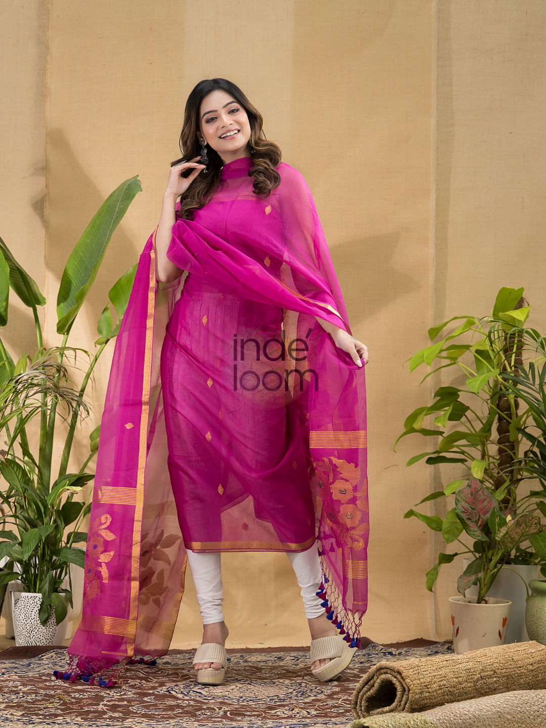 Deep Pink Jamdani 2-Piece Set Kurti & Dupatta (UNSTITCHED) -799