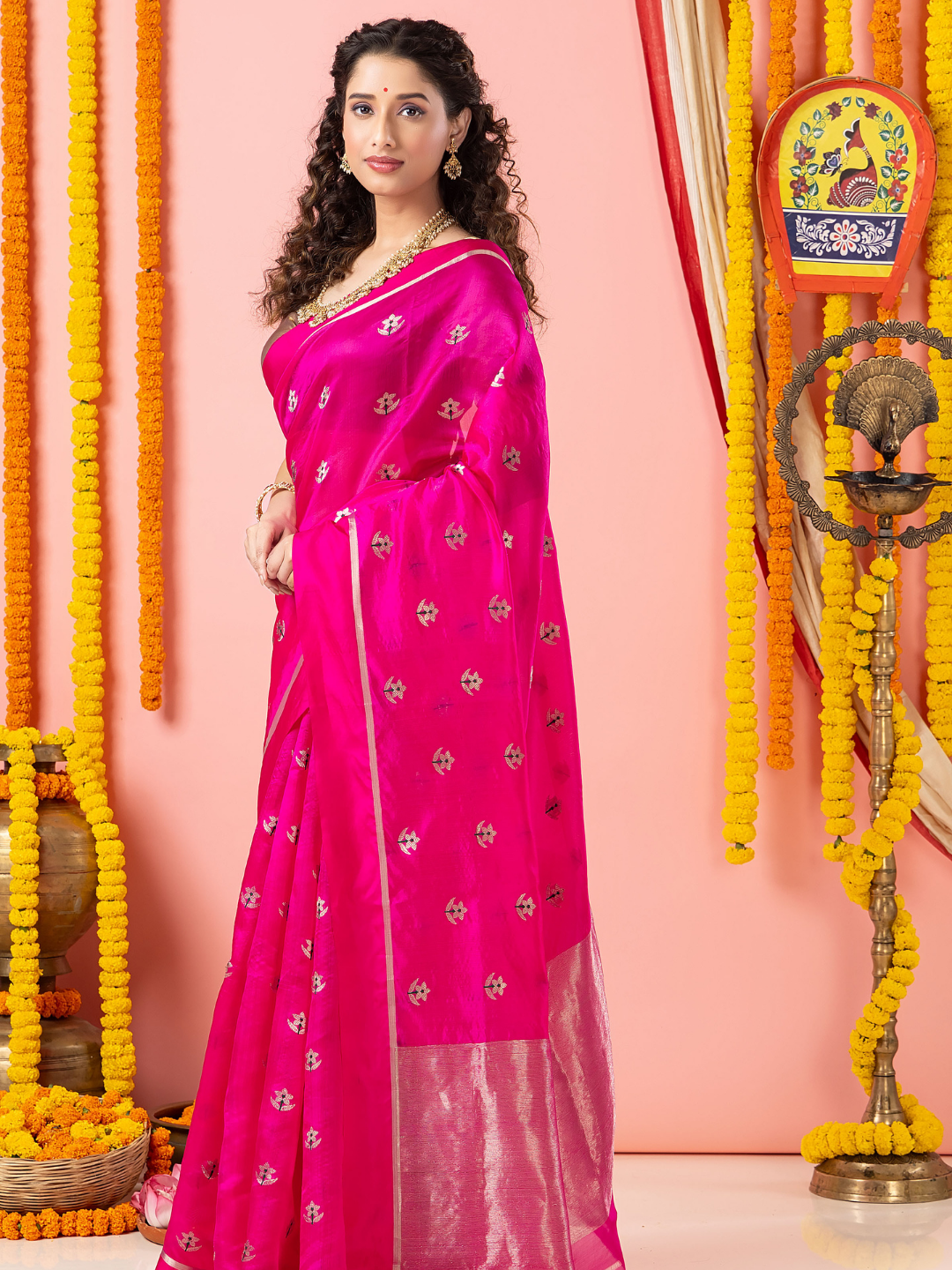 Handwoven Chanderi Silk Saree | Fuchsia Pink