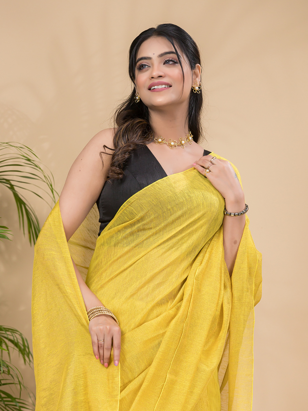 Tissue Linen Handloom Saree With Corn Yellow - 021