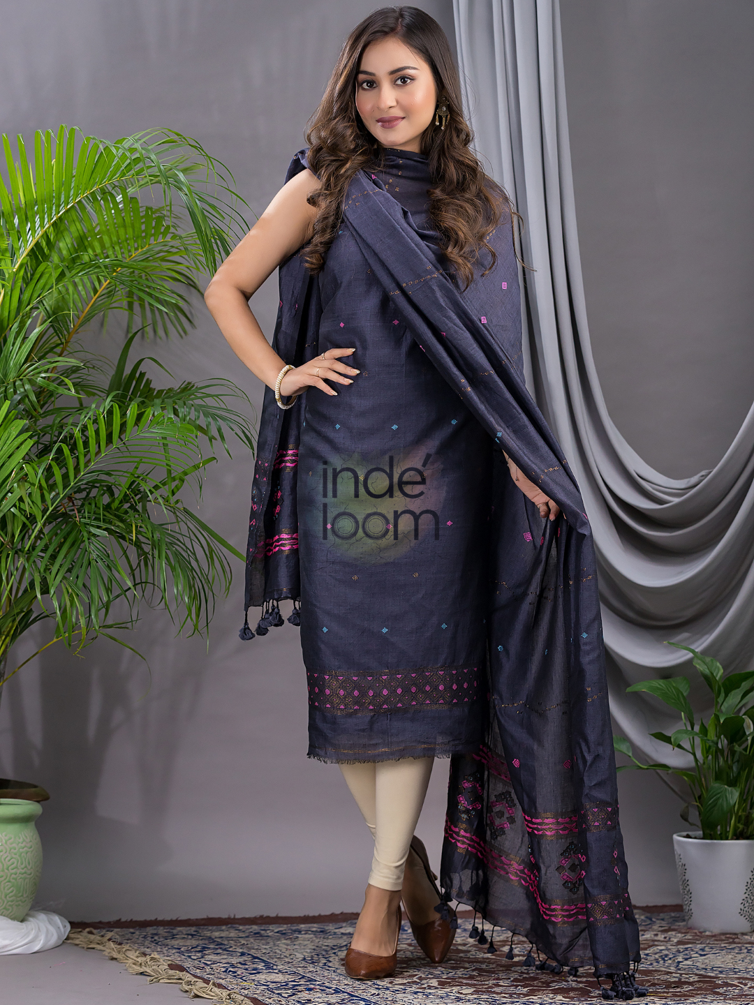 Stone Blue 120 Count Cotton Jamdani 2-Piece Set Kurti & Dupatta (UNSTITCHED) - 144