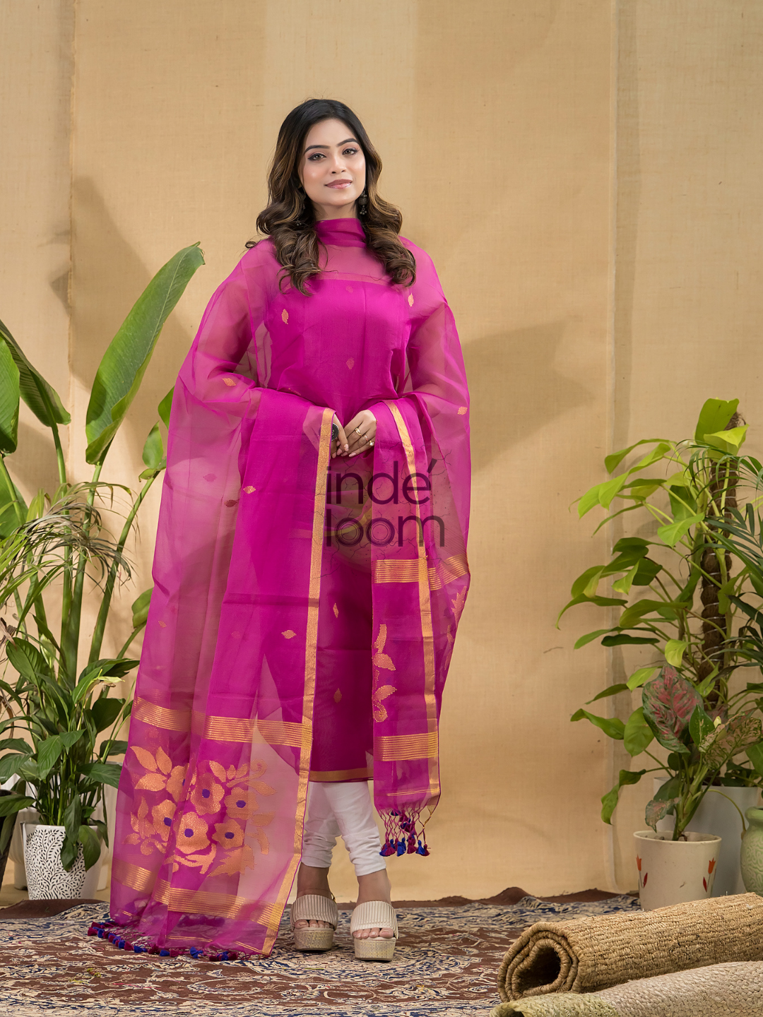 Deep Pink Jamdani 2-Piece Set Kurti & Dupatta (UNSTITCHED) -799