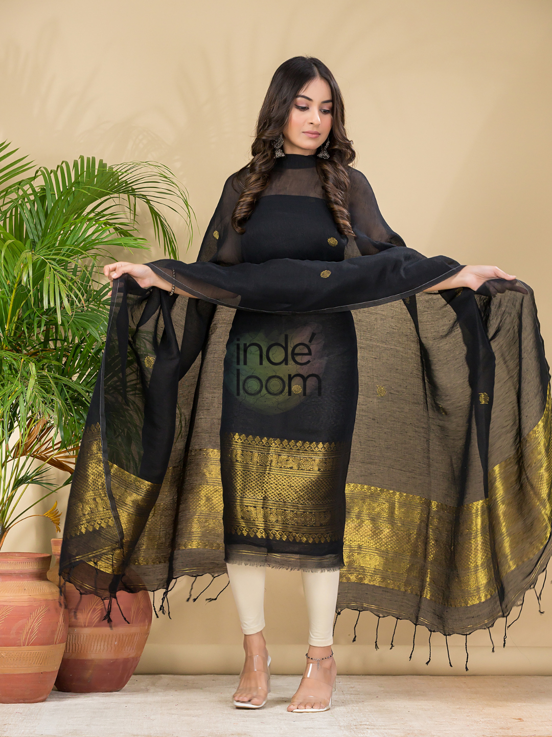 Dark Black Muslin Linen 2-Piece Set Kurti & Dupatta (UNSTITCHED) - 865